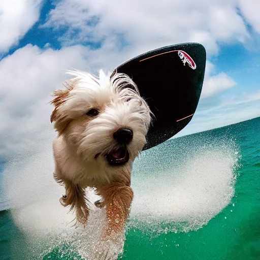 Prompt: a cream-colored havanese foil surfing, gopro photo, 4k