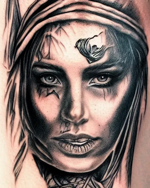 Prompt: A beautiful pirate boat next to the face of a warrior woman , realism tattoo drawing, hyper realistic, shaded