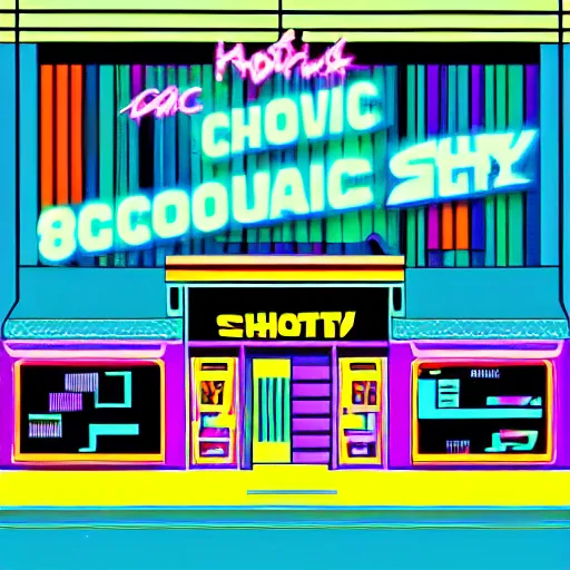 Prompt: chromatic, synthwave, 80's shop in a synthwave city