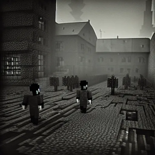 Prompt: eerie, the holocaust in minecraft , very old photo, photo from 1940s, war photograph, very authentic, very detailed, dramatic, intricate, highly detailed, digital painting, artstation, concept art, smooth, sharp focus, illustration, art by Gustave Dore, octane render