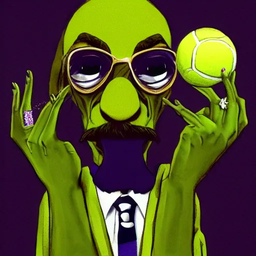 Image similar to snoop dogg tennis ball monster ,tennis ball, digital art, smoke, fantasy,chalk, magic, trending on artstation, ultra detailed, professional illustration by Basil Gogos