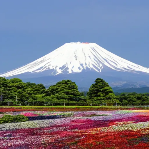 Image similar to Field of mixed flowers, Mount Fuji blurred in the background, good news on Sunday