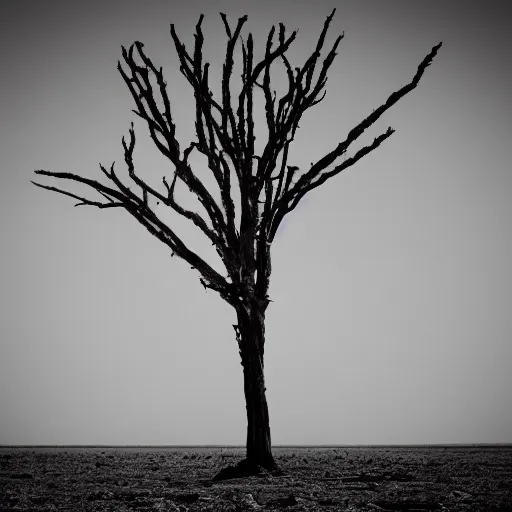 Image similar to A desolate wasteland, where the only sign of life is a lone, skeletal tree, bleak and foreboding.