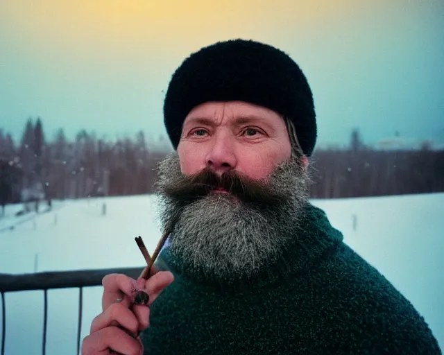 Image similar to lomo photo of 4 0 years russian man with beard and sweater standing on small hrushevka 9 th floor balcony full with cigarette smoke in winter taiga looking at sunset, cinestill, bokeh