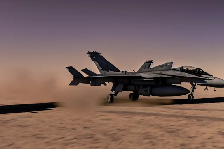 Image similar to a gritty hyperdetailed photorealistic f - 1 8 hornet ground attack aircraft shooting a missile at a small group of vehicles in the desert, volumemetric lighting, cinematic framing, cinematatic lighting, cinematic shadows, in the style of top gun maverick