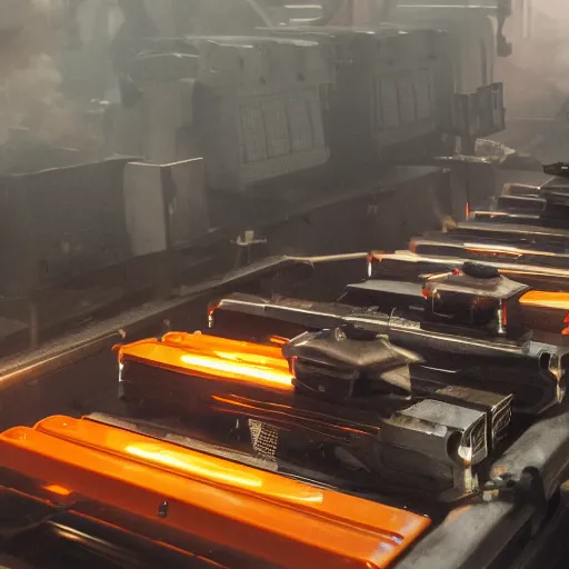 Image similar to line of toaster oven mecha heads on conveyor belt, dark messy smoke - filled cluttered workshop, dark, dramatic lighting, orange tint, sparks, cinematic, highly detailed, sci - fi, futuristic, movie still