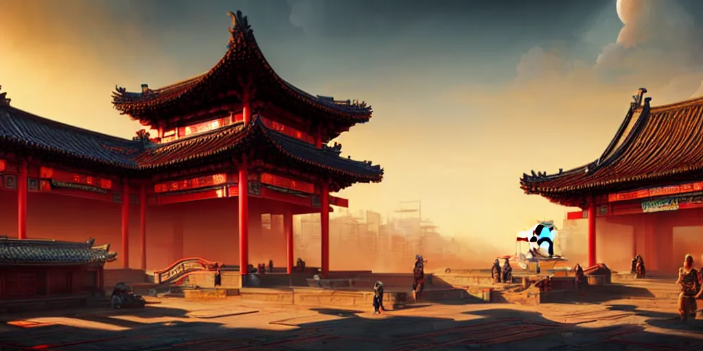 Image similar to chinese temple architecture, cyberpunk 2 0 7 7 town, cinematic view, dune style, concept art, high detail, volumetric, godrays, vivid, sunrise, trending on artstation, by jasher brown durand, greg rutkowski, shishkin