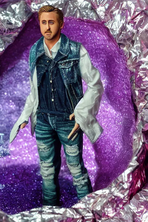 Image similar to Ryan Gosling with silver-violet hair, white eyes inflated press and denim glittery vest, wide lens, diorama, 4k,