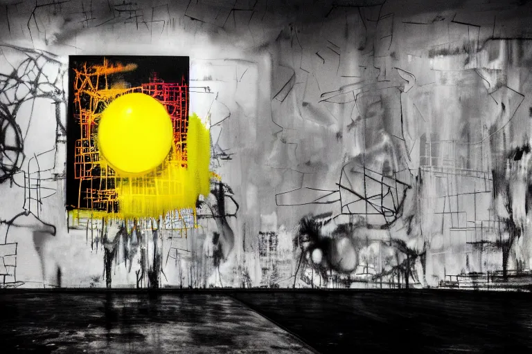 Image similar to creepy golden ball, multilayer glitch effect in spatial perceptron synapses, matte painting, 4 k, epic composition, volumetric light, abstract illusionism, by robert rauschenberg, konstantinas ciurlionis, jean - michel basquiat, pour paint, modern street art, grunge wall, industrial