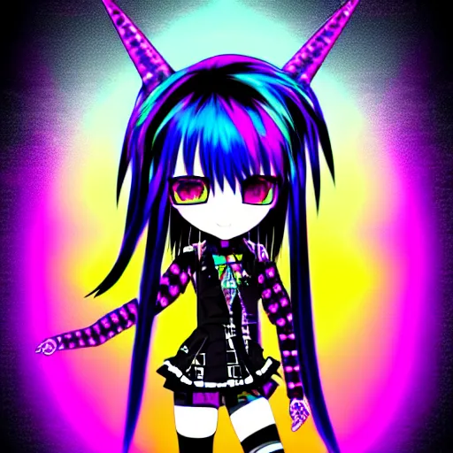 Image similar to maximalist emo anime girl, cybergoth, rainbowcore, vhs monster high, glitchcore witchcore, checkered spiked hair, pixiv