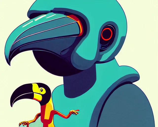 Prompt: a study of cell shaded cartoon of a mechanized toucan with a tank treads, and a human head, illustration, wide shot, subtle colors, post grunge, concept art by josan gonzales and wlop, by james jean, Victo ngai, David Rubín, Mike Mignola, Laurie Greasley, highly detailed, sharp focus, alien, Trending on Artstation, HQ, deviantart, art by artgem