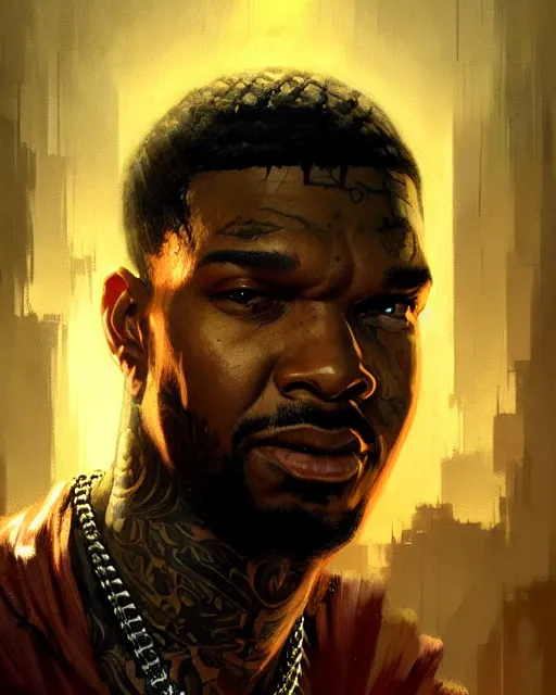 Prompt: the game rapper as a mysterious character, pulp character portrait, ultra realistic, concept art, intricate details, highly detailed by greg rutkowski, gaston bussiere, craig mullins, simon bisley