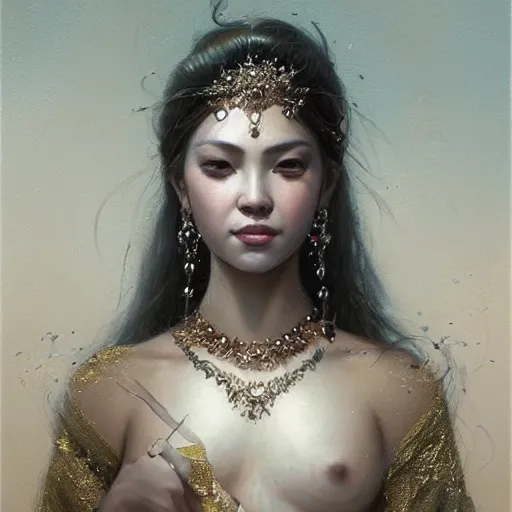 Image similar to a beautiful portrait of a pearl goddess with glittering skin, a detailed painting by greg rutkowski and raymond swanland, featured on cgsociety, fantasy art, detailed painting, artstation hd, photorealistic