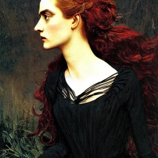 Prompt: A beautiful victorian woman, gothic dress, flowing hair, oil painting, portrait, dramatic lighting, masterpiece, painted by Caspar David Friedrich