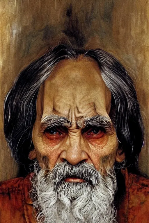 Image similar to a closer personal portrait of a very old egyptian charles manson with very piercing eyes, very charismatic. in the old ancient temple of luxor. masterpiece, dark. painted by norman rockwell and james gurney