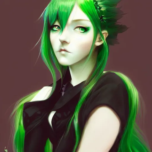 Prompt: facial portrait of a young pretty anime woman, green hair, dark eyes, gothic eyeliner, character concept art, headshot, Charlie Bowater, Anna Dittmann, WLOP, Rumiko Takahashi, Akihiko Yoshida, Hyung-tae Kim, alexander mcqueen, trending on Artstation