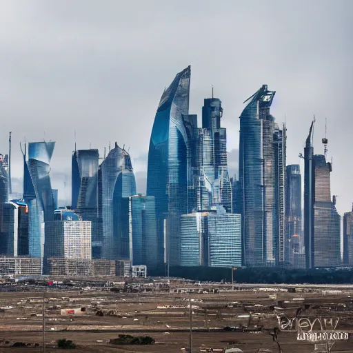 Image similar to Giant futuristic megacity towering across the landscape, post apocalyptic, EOS-1D, f/16, ISO 200, 1/160s, 8K, unedited, symmetrical balance, in-frame