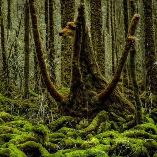 Prompt: in a dark forest with trees covered in moss, hundreds of vines entwine to take shape of an elk