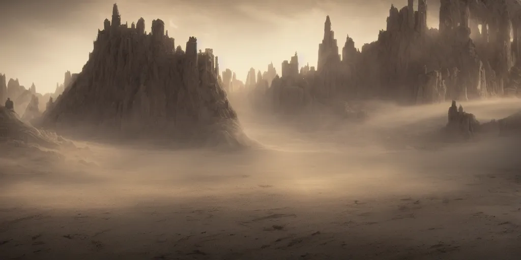 Prompt: kingdom made of sand, superwide angle, light through the mist, dramatic lighting, photorealistic, cinematic lighting, high detail, cinematic feel, high octane, 4 k, unreal engine, digital render, intricate, ultra realistic, concept art