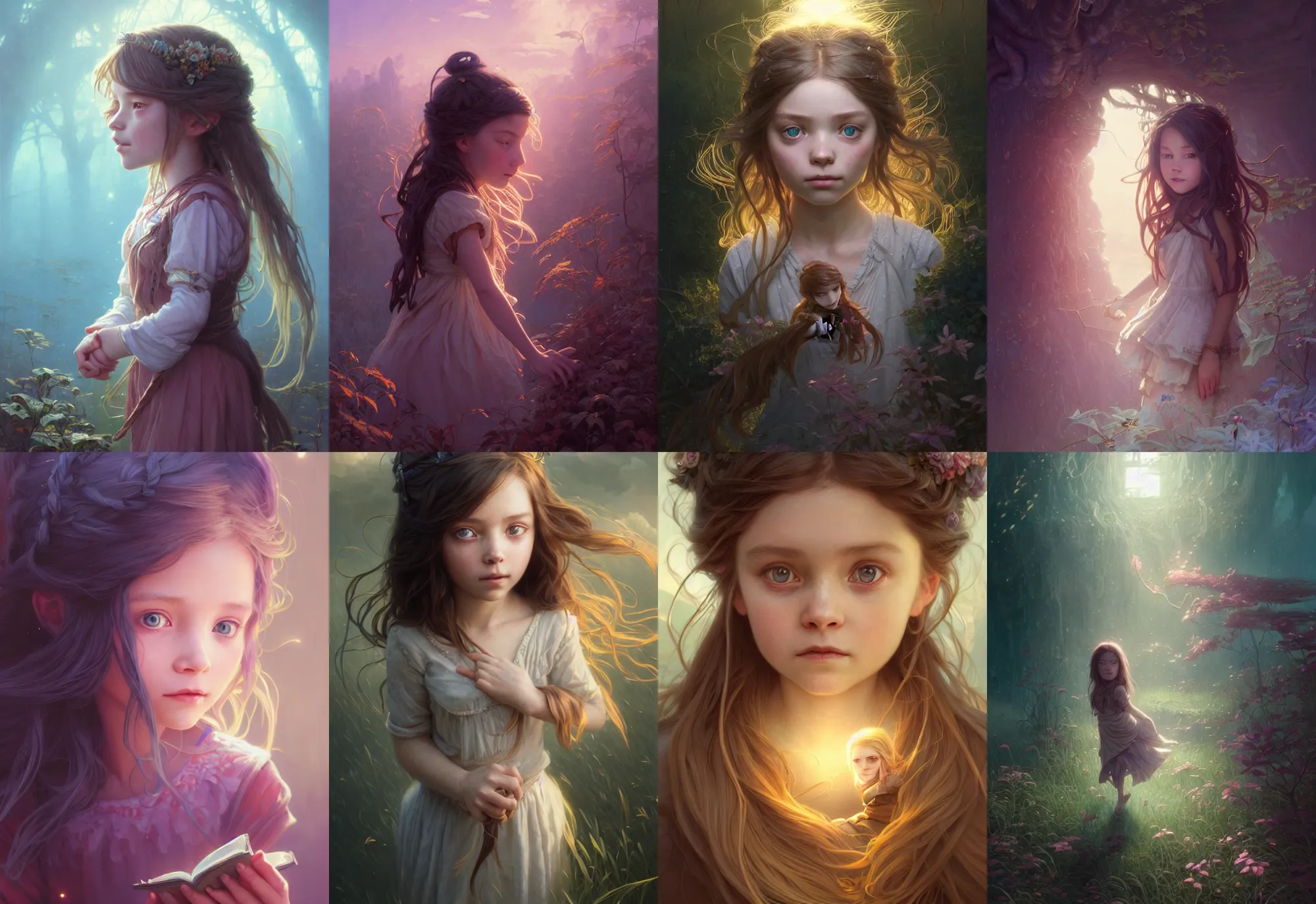 Image similar to highly detailed portrait of a little girl with long hairs, stephen bliss, unreal engine, fantasy art by greg rutkowski, loish, rhads, ferdinand knab, makoto shinkai and lois van baarle, ilya kuvshinov, rossdraws, tom bagshaw, alphonse mucha, global illumination, radiant light, detailed and intricate environment