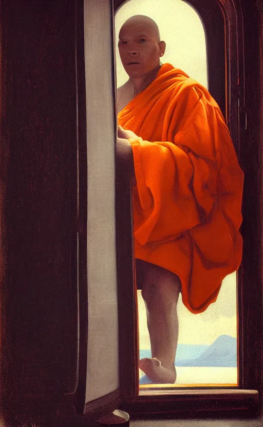 Prompt: portrait of a blind monk in a spaceship, looking out the window at a planet, orange robe, dramatic lighting, artstation, matte painting, johannes vermeer