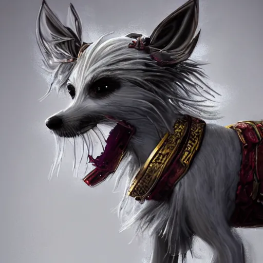 Image similar to Chinese crested powderpuff dog, full body, battle armour, Anthropomorphized, casting epic spell, magic the gathering artwork, D&D, fantasy, cinematic lighting, centered, symmetrical, highly detailed, digital painting, artstation, concept art, smooth, sharp focus, illustration, volumetric lighting, epic Composition, 8k, art by Akihiko Yoshida and Greg Rutkowski and Craig Mullins, heroic pose, oil painting, cgsociety, magic lab background