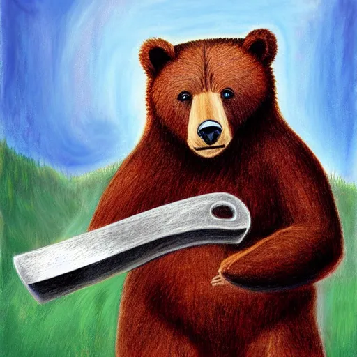 Image similar to a bear holding a viking axe,by cameroon hammond