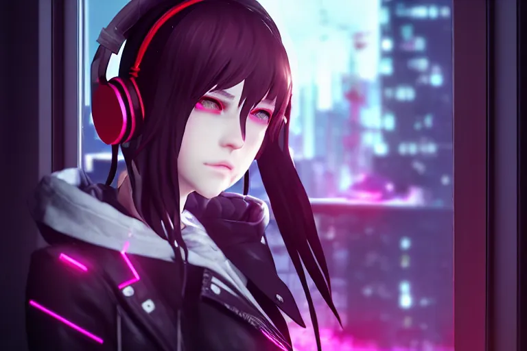 Image similar to a girl with headphones is looking at a rainy window in the style of a code vein character creation, cyberpunk art by Yuumei, cg society contest winner, rayonism light effects and bokeh, daz3d, vaporwave, deviantart hd