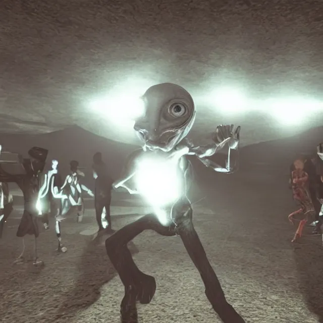 Image similar to grey alien raving at secret area 5 1 base in midnight, secret files, realistic, smooth, club, unreal engine 5,