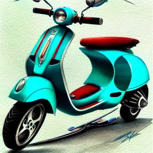 Image similar to a turquoise vespa moped, realistic, concept art, intricate details, detailed, photorealistic, pencil and watercolor, art by artgerm and greg rutkowski