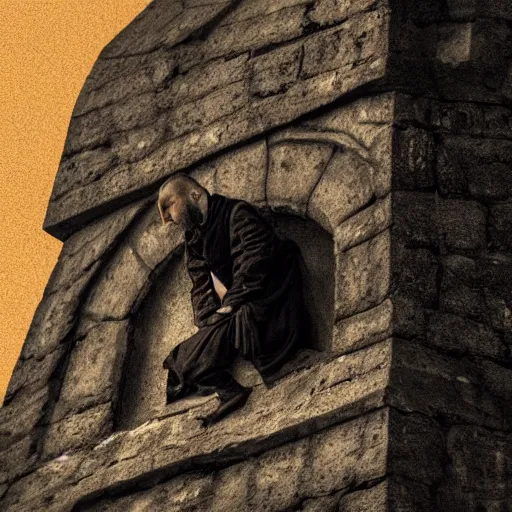 Image similar to Close-up of a terrified catholic priest in his thirties on the roof of a medieval tower watching in fear as an ominous yellow shadow descends upon him from the night sky. He is fervently praying but his eyes are wide open with fear. Low angle angle, dramatic lighting. Award-winning digital art, trending on ArtStation