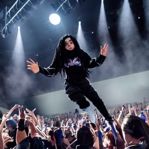 Image similar to photo of billie eilish with black hair jumping onto stage