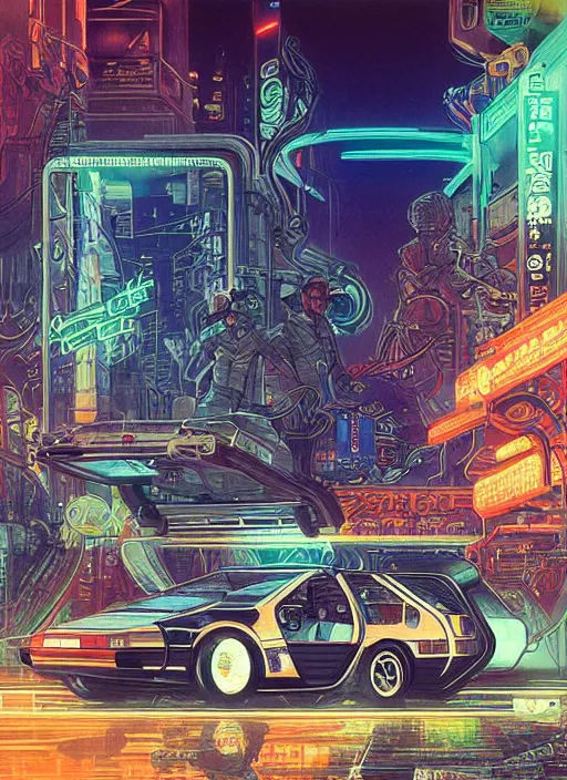 Image similar to portrait of a cyborg boy and a cyborg girl driving a delorean car in the middle of futuristic tokyo at night. diffuse neon light, dramatic landscape, fantasy illustration, matte painting by mucha