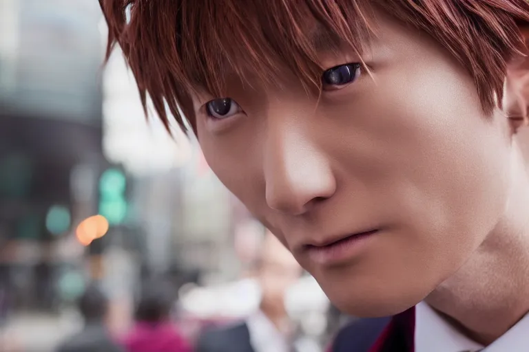 Prompt: close up photo of tamaki suoh from the live action adaptation of ouran highschool host club, shot on location at shibuya crossing, red weapon 8 k s 3 5, cooke anamorphic / i lenses, highly detailed, cinematic lighting