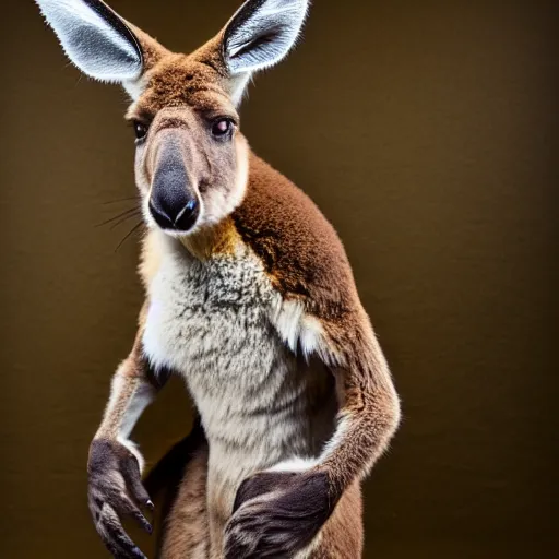 Image similar to a photo of a buff kangaroo wearing a hunters hat and vest, standing tall and strong with a hunters hat and vest, studio photography, 8 k