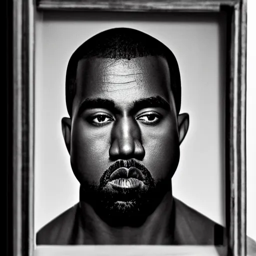 Image similar to a chiaroscuro lighting portrait of kanye west dressed as rick owens, black background, portrait by julia margaret cameron, shallow depth of field, 8 0 mm, f 1. 8