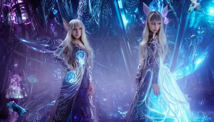 Prompt: Ethereal, mysterious stunning maximalist mesmerizing elven girl from the rainbow sky paradise in Tron: Legacy (2010), Victorian gothic lolita fashion, IMAX Cinematography by Roger Deakins, 4K