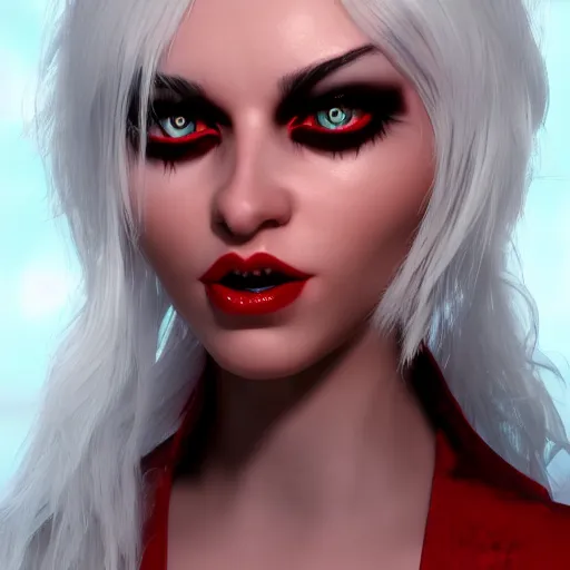 Image similar to a highly detailed portrait of a humanoid demon girl with white hair, red horns, in white clothes, red eyes artstation, deviantart, professional, unreal engine 5, photorealistic