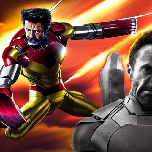 Image similar to wolverine versus iron man, 4k realistic photo