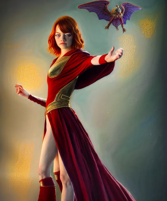 Image similar to hyperrealistic mixed media painting of Emma Stone as a beautiful young female mage, stunning 3d render inspired art by P. Craig Russell and Barry Windsor-Smith + perfect facial symmetry + dim volumetric lighting, dark red hair, pale skin, crimson robes, dizzy, full body, confident heroic pose, arms crossed, d&d, 8k octane beautifully detailed render, post-processing, extremely hyperdetailed, intricate, epic composition, grim yet sparkling atmosphere, cinematic lighting + masterpiece, trending on artstation, very very detailed, masterpiece, stunning