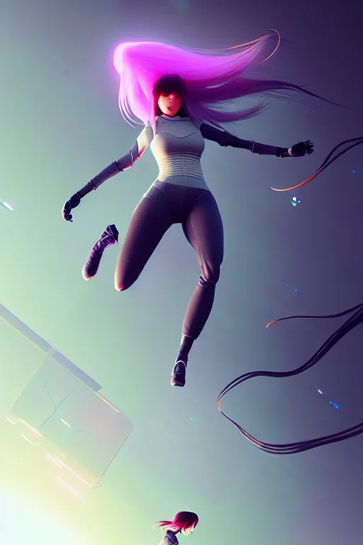 Image similar to android women jumping, scifi, futuristic design, bae suzy, long white hair, character design, cinematic lighting, highly detailed, by beeple, goro fujita, smooth gradient.