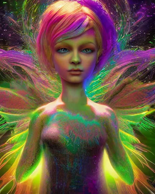 Image similar to portrait ultra dimensional tinker bell, accidentally tripping on dmt and acid, psychedelic experience, overwhelming psychosis of self realization and burning awakening, ultra high definition, unreal engine 5, hyperrealism, masterpiece composition, by casey weldon, barclay shaw 8 k photorealistic