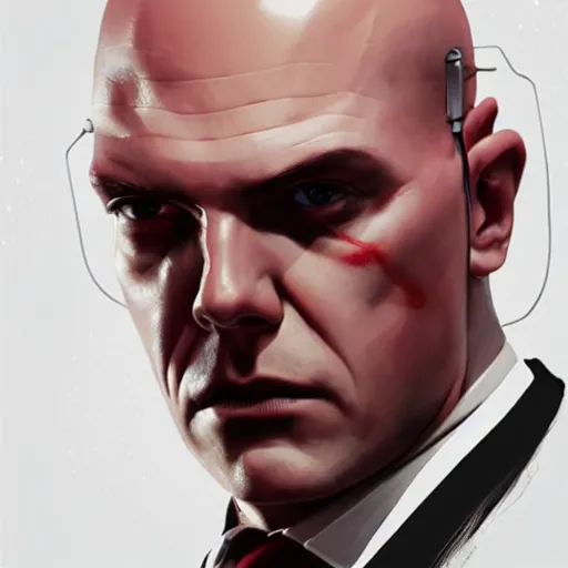 Prompt: a symmetrical portrait of agent 4 7 from hitman wearing headphones, dark background, red rim light, highly detailed, digital art, artstation, concept art, smooth, sharp focus, greg rutkowski, wlop