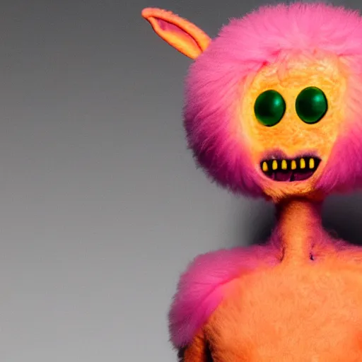 Image similar to an alien with a face that looks like a fuzzy peach the peach is fuzzy pink warm and ripe the alien has horns and a mean smile, 4k, highly detailed, high quality, amazing, high particle effects, glowing, majestic, soft lighting