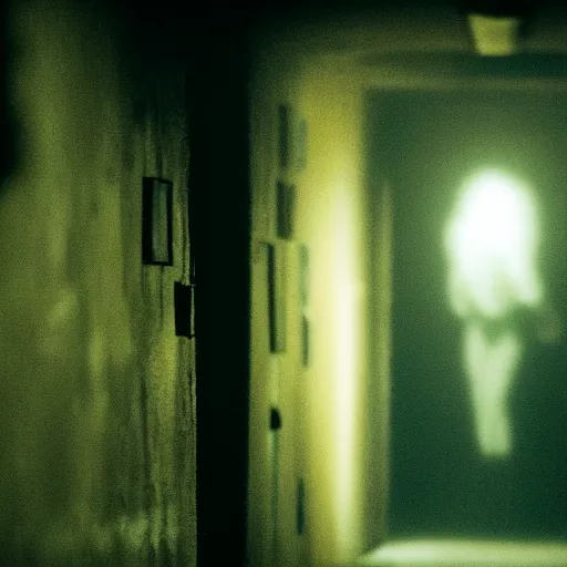 Image similar to A cinematic horror film still of a grotesque monster in a maze of yellow dimly lit hallways.