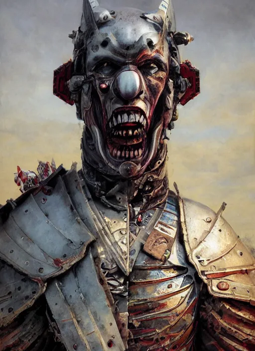 Prompt: portrait of a diabolical cyborg clown samurai, torn cape, heavy armor, dynamic pose, glowing eyes, ancient ruins, glowing veins subsurface scattering, in clouds, sunset, portrait, by gerald brom, by mikhail vrubel, by peter elson, muted colors, extreme detail, reflections, trending on artstation, 8 k