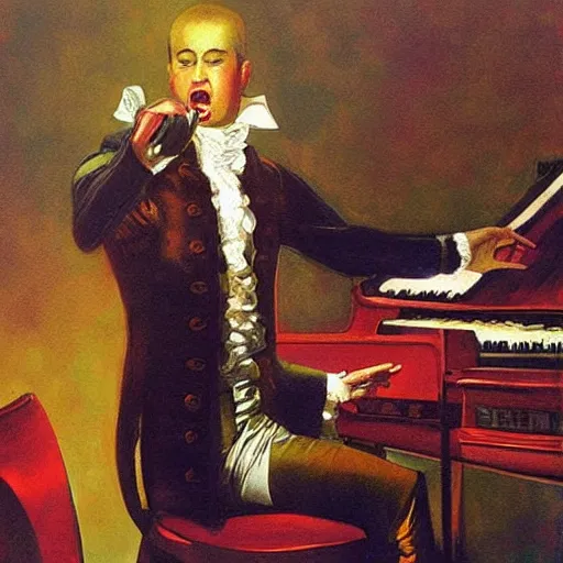 Image similar to Falco singer performing the song amadeus. Epic painting by James Gurney and Belén Ortega.