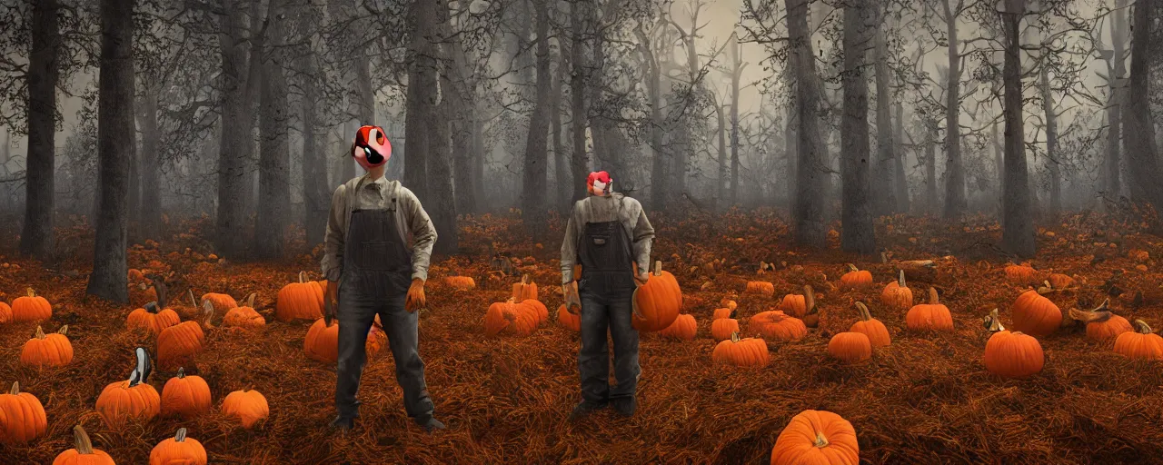 Prompt: a scary man in overalls wearing a pumpkin head standing in a dead forest, fall season, night, dead trees, pumpkins, photorealistic, insanely detailed and intricate, epic, volumetric haze, hyper realistic, elegant, ornate, elite, horror, creepy, ominous, haunting, cinematic lighting, unreal engine, symmetrical, cinematic centered camera, high detail by Zdzislaw Beksinski