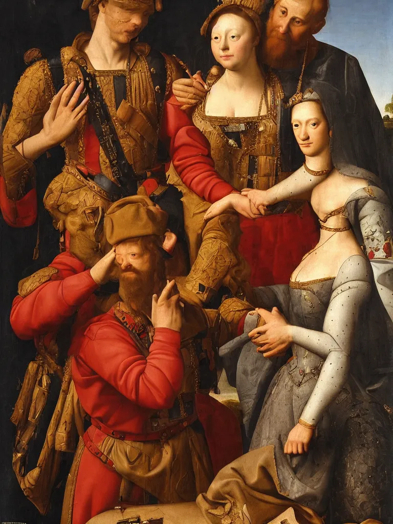 Image similar to a soldier lays his hand on top of the queens head, renaissance portrait, intimate, relaxed posture, high definition, dimly lit, private moment