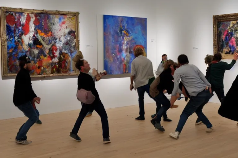 Image similar to a group of people attacking an art gallery show